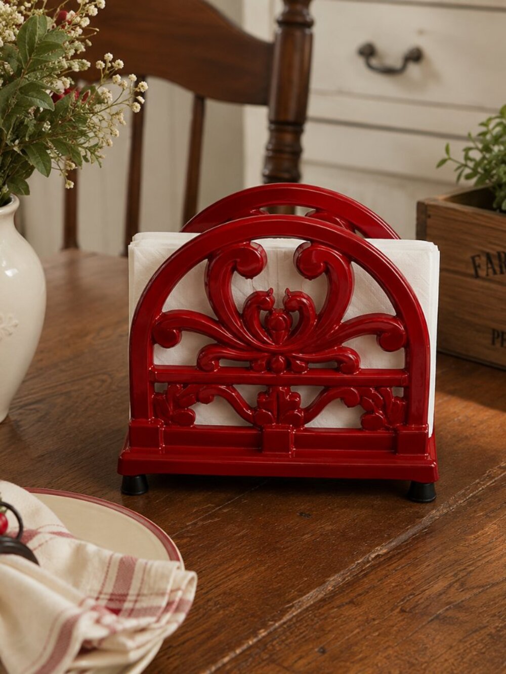 Red Ornate Metal Napkin Holder – Scrollwork Floral Design